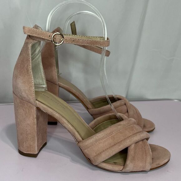 Ann Taylor Pink Suede Crisscross Block Heel Ankle Strap Sandals Y2K Size 6 - Picture 2 of 8